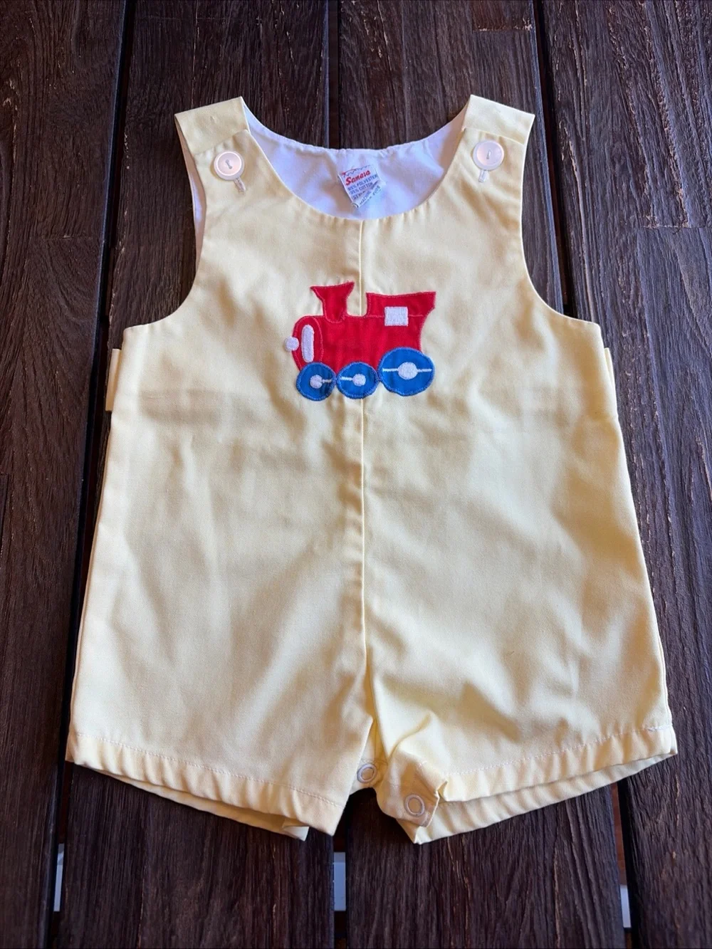 Samara Vintage Baby 6-9 M Yellow Red Train Shortall Romper Baby Retro One Piece